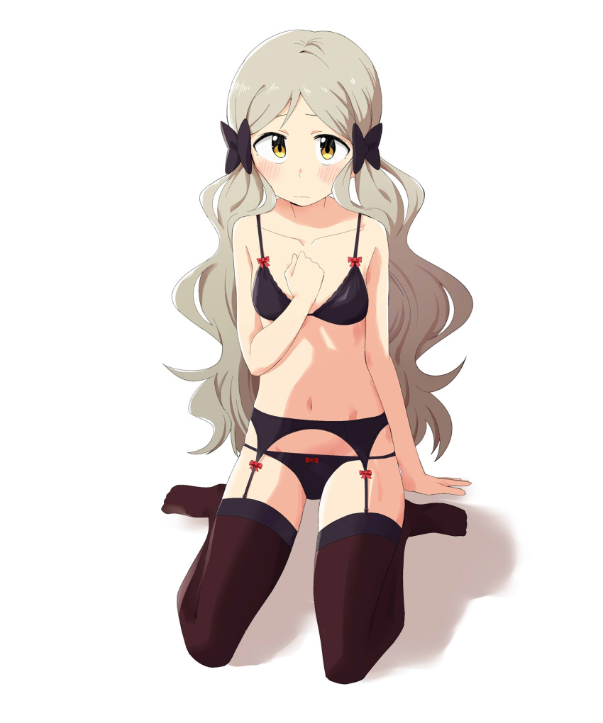 armpits bare_arms bare_shoulders billbung black_bow black_bra black_garter_belt black_panties black_ribbon black_thighhighs blush bow bow_bra bow_panties bra closed_mouth dot_nose female fluffy_hair from_below full_body garter_belt grey_hair groin hair_ribbon hairbow hand_on_ground hand_on_own_chest handa_roco highres idolmaster idolmaster_million_live! idolmaster_million_live!_theater_days long_hair looking_at_viewer looking_up navel panties parted_bangs red_bow red_ribbon ribbon ribbon_bra ribbon_panties shadow shy simple_background sitting solo thighhighs twintails underwear very_long_hair wariza wavy_hair white_background yellow_eyes