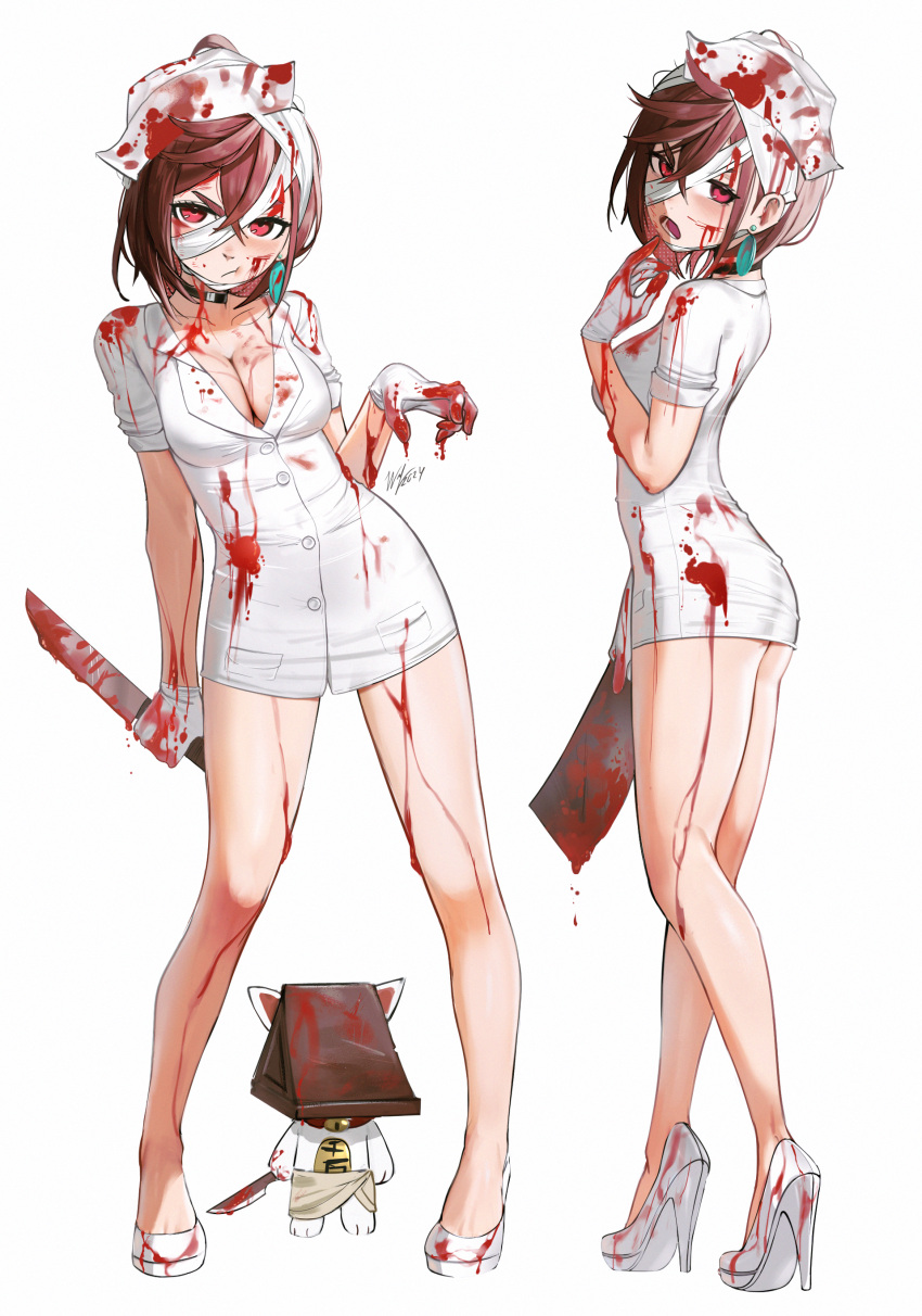 absurdres ass_peek ayase_momo bandages black_choker blood blood_on_bandages blood_on_clothes blood_on_face breasts brown_eyes brown_hair bubble_head_nurse bubble_head_nurse_(cosplay) choker cleavage cosplay dandadan dress earrings feline female full_body gloves hat high_heels highres holding holding_knife jewelry knife medium_breasts multiple_views nurse nurse_cap pyramid_head pyramid_head_(cosplay) silent_hill_(series) silent_hill_2 simple_background standing turbo_granny waligner white_background white_dress white_gloves