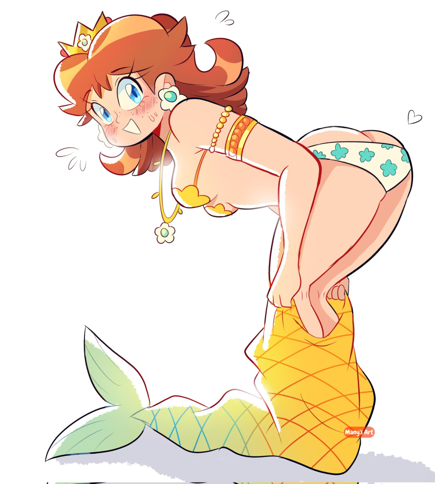 artist_name ass blue_eyes blush brown_hair corrupted_twitter_file crown earrings female flower_earrings flower_panties flying_sweatdrops gold_armlet highres jewelry leaning_forward long_hair looking_at_viewer manysart1 mario_(series) mermaid_costume necklace panties princess_daisy underwear