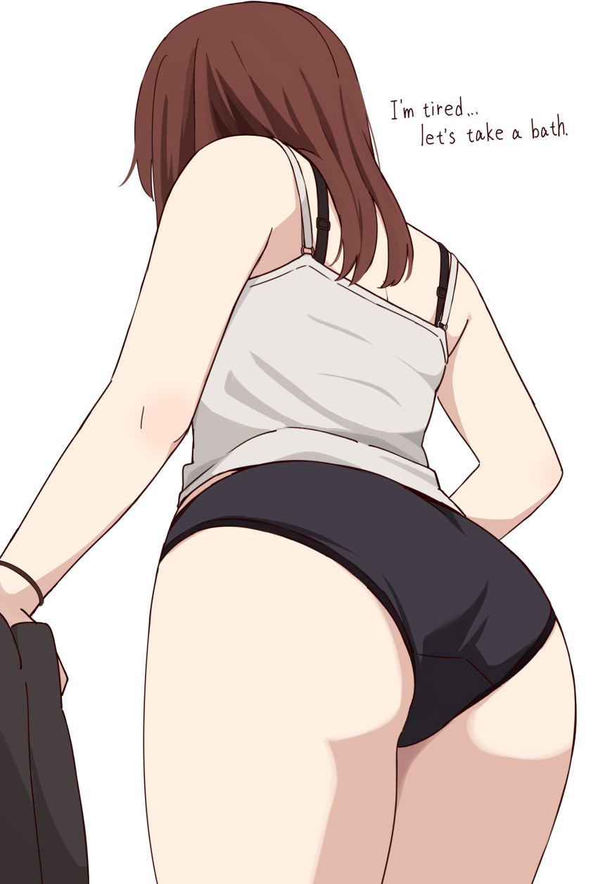 alternate_language ass bare_arms bare_shoulders black_panties brown_hair camisole cowboy_shot english_text facing_away female from_behind from_below grey_camisole highres kapatarou long_hair original panties simple_background solo standing underwear white_background