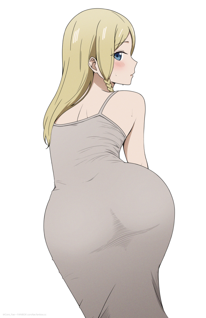 ass ass_focus blonde_hair blue_eyes blush braid commentary coro_fae cowboy_shot dress english_commentary fanbox_username female from_behind grey_dress hayasaka_ai haysaca_a._smithee highres kaguya-sama_wa_kokurasetai_~tensai-tachi_no_renai_zunousen~ leaning_forward long_hair looking_at_viewer looking_back paid_reward_available parted_lips profile side_braid simple_background single_braid sleeveless sleeveless_dress solo standing sweat tight_clothes tight_dress twitter_username white_background