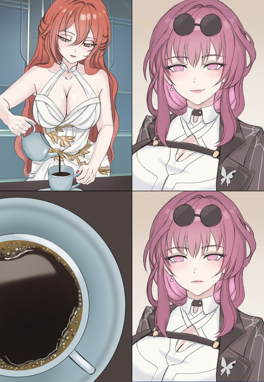 2girls absurdres bare_shoulders black_jacket breasts closed_mouth coffee coffee_mug coffee_pot collared_shirt commentary cup dress eidis_scarlet english_commentary eyewear_on_head halter_dress halterneck highres himeko_(honkai:_star_rail) holding_coffee_pot honkai:_star_rail honkai_(series) jacket kafka_(honkai:_star_rail) large_breasts long_hair mug multiple_girls purple_eyes purple_hair red_hair round_eyewear shirt smile spider_web_print sunglasses white_dress white_shirt yellow_eyes yuri