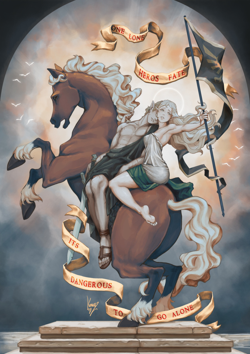 1boy armpits blonde_hair breasts cleavage dress english_text female flag highres hooves horse kumanz leaning_on_person link long_hair pointy_ears princess_zelda rearing riding sword the_legend_of_zelda the_legend_of_zelda:_breath_of_the_wild the_legend_of_zelda:_tears_of_the_kingdom toga unconscious weapon