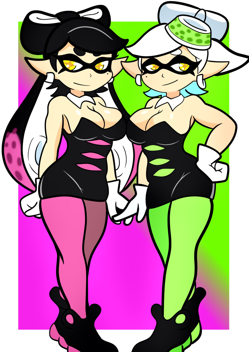 2024 absurd_res black_clothing black_footwear black_hair black_shoes border bottomwear breasts callie_(splatoon) cel_shading cephalopod clothing colored digital_media_(artwork) duo ear_piercing female footwear front_view furry_funnychan gloves green_background green_clothing green_topwear hair hand_on_hip hand_on_own_hip handwear hi_res humanoid humanoid_pointy_ears inkling japanese_description marie_(splatoon) marine mollusk nintendo not_furry piercing pink_background pink_bottomwear pink_clothing pseudo_hair shaded simple_background smile splatoon tan_body tan_ears tan_skin tentacle tentacle_hair topwear white_border white_clothing white_gloves white_hair white_handwear yellow_eyes