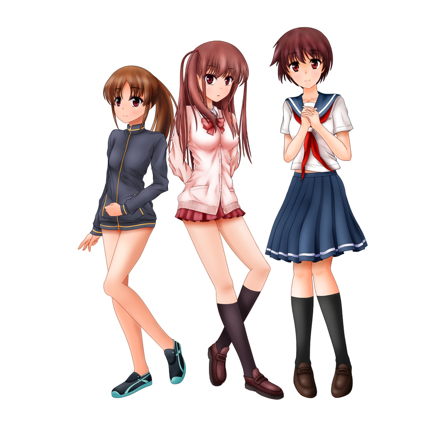 atarashi_ako bare_legs bottomless brown_hair female highres jacket long_hair naked_track_jacket no_pants ponytail saki saki_achiga-hen school_uniform takakamo_shizuno track_jacket