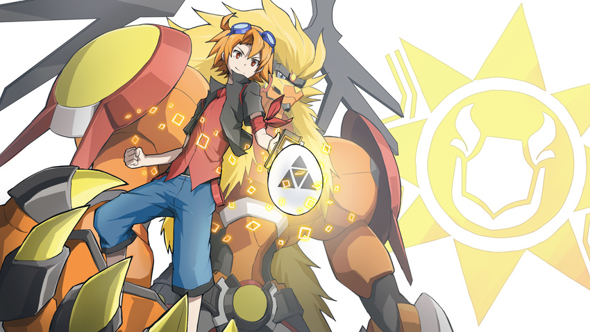 2boys apollomon armband armor black_jacket blonde_hair blue_eyes blue_shorts chinese_commentary claws commentary_request digimon digimon_(creature) digimon_story:_sunburst_and_moonlight digitama digivice digivice_ic dk_(13855103534) egg goggles goggles_on_head highres jacket koh_(digimon) light_fang_(digimon) lion long_hair male_focus mane monster multiple_boys pants photoshop_(medium) red_eyes red_hair red_shirt shirt short_hair shorts shoulder_armor simple_background smile very_long_hair white_background zero_unit