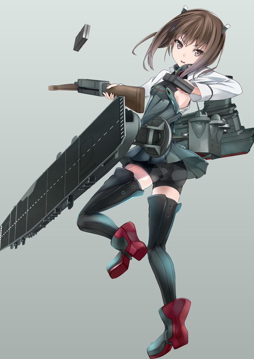 anti-aircraft_gun armor ass back bike_shorts bike_shorts_under_skirt black_thighhighs blush boots brown_eyes brown_hair bute_(butegram) commentary_request crossbow female flat_chest flight_deck headband headgear highres holding holding_crossbow holding_magazine_(weapon) holding_weapon kantai_collection looking_back magazine_(weapon) open_mouth partial_commentary pleated_skirt repeating_crossbow short_hair skirt solo taihou_(kancolle) thigh_boots thighhighs weapon