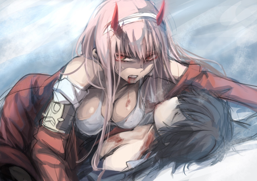 1boy bad_end black_hair blood blood_in_mouth blood_on_breasts blood_on_chest bra breasts closed_eyes commentary couple darling_in_the_franxx female hairband herozu_(xxhrd) hiro_(darling_in_the_franxx) horns jacket large_breasts long_hair military military_uniform off_shoulder oni_horns open_clothes open_jacket pink_hair red_horns red_pupils straight underwear uniform white_hairband zero_two_(darling_in_the_franxx)