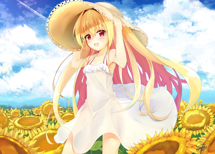 bad_id bad_pixiv_id blonde_hair breasts cleavage collarbone day dress female flower hat irotoridori_no_sekai long_hair looking_at_viewer minari_(minari37) nikaidou_shinku open_mouth outdoors red_eyes small_breasts solo straw_hat sundress sunflower white_dress