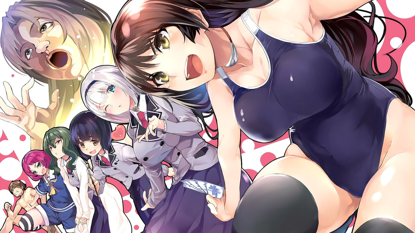 1boy 5girls anna_nishikinomiya black_hair blue_eyes blush breasts brown_eyes brown_hair character_request cleavage curvy fuwa_hyouka green_hair kajou_ayame large_breasts long_hair multiple_girls official_art okuma_tanukichi onigashira_kosuri open_mouth pink_hair saotome_otome shimoneta_to_iu_gainen_ga_sonzai_shinai_taikutsu_na_sekai short_hair silver_hair smile swimsuit thick_thighs thighhighs wide_hips yellow_eyes