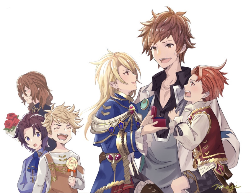 5boys aged_down aglovale_(granblue_fantasy) black_hair blonde_hair bouquet candy commentary_request crying doctor_(granblue_fantasy) flower food gran_(granblue_fantasy) granblue_fantasy jewelry lancelot_(granblue_fantasy) lolicon lollipop long_hair looking_down maji_(eau-fumeuse0207) male_focus marriage_proposal multiple_boys overalls percival_(granblue_fantasy) red_hair ring ring_box short_hair shorts siegfried_(granblue_fantasy) simple_background vane_(granblue_fantasy) yaoi