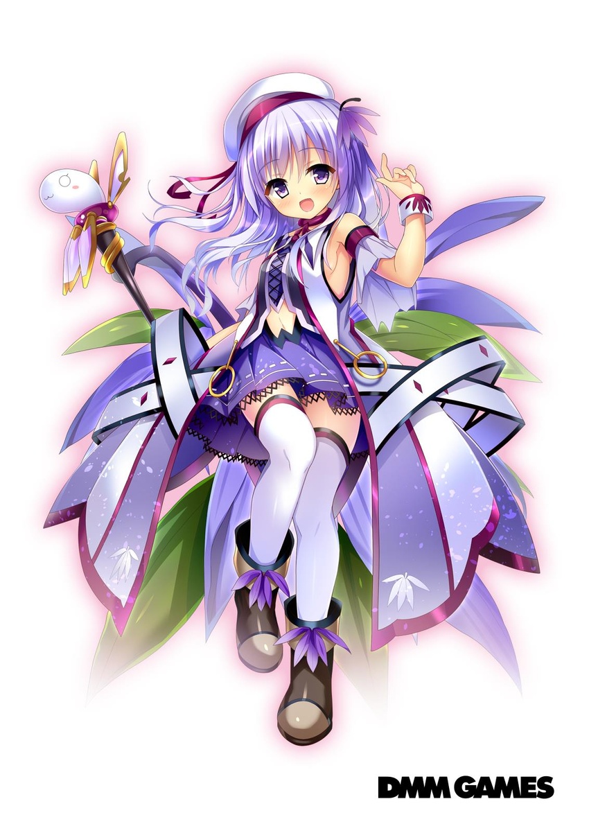 copyright_name dmm female flower flower_knight_girl full_body hair_flower hair_ornament hat hat_ribbon highres huei_nazuki leaf leaf_background long_hair looking_at_viewer purple_eyes purple_hair purple_skirt ribbon sawagikyou_(flower_knight_girl) skirt smile staff standing white_background