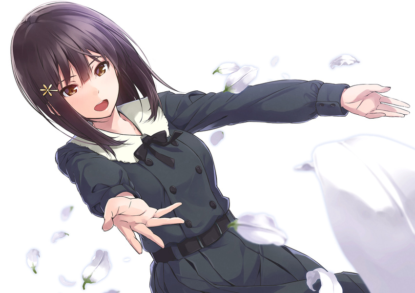 belt black_belt black_neckwear black_ribbon black_serafuku black_shirt black_skirt blouse breasts brown_eyes brown_hair buttons commentary_request cowboy_shot dutch_angle female flower flowers_(innocent_grey) hair_flower hair_ornament highres kousaka_mayuri long_hair long_sleeves looking_at_viewer medium_breasts nanaku_teiru neck_ribbon open_mouth outstretched_arms petals pleated_skirt ribbon sailor_collar school_uniform serafuku shirt sidelocks skirt solo white_background white_sailor_collar