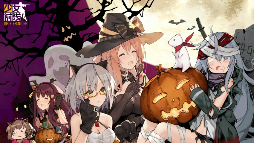 >_< +_+ 5girls :3 ^^^ animal animal_ears animal_hands axe bandaged_head bandaged_leg bandages bare_shoulders bare_tree bat_ornament black_bow black_gloves black_hat blush bow breasts brown_hair cat_ears cleavage closed_eyes closed_mouth collar copyright_name dress drooling earrings fake_animal_ears ferret food food-themed_hair_ornament full_moon g11_(girls'_frontline) g11_(neet_zombie)_(girls'_frontline) ghost girls'_frontline glasses gloves grey_hair hair_between_eyes hair_ornament hair_rings hairband halloween halloween_costume hat hat_bow headband highres holding holding_food jack-o'-lantern jewelry knife knife_in_head large_breasts logo long_hair mk23_(girls'_frontline) mk23_(impish_sweetheart)_(girls'_frontline) moon multicolored_hair multiple_girls object_through_head official_alternate_costume official_art open_mouth paw_gloves pink_hair pumpkin pumpkin_hair_ornament saber_(weapon) scarf semi-rimless_eyewear short_hair sidelocks sitting smile sparkle springfield_(classic_witch)_(girls'_frontline) springfield_(girls'_frontline) streaked_hair suisai_(suisao) sword symbol-shaped_pupils tombstone torn_clothes tree vector_(girls'_frontline) vector_(kitty_paws)_(girls'_frontline) wa2000_(girls'_frontline) wa2000_(haunted_castle)_(girls'_frontline) weapon witch witch_hat yellow_eyes