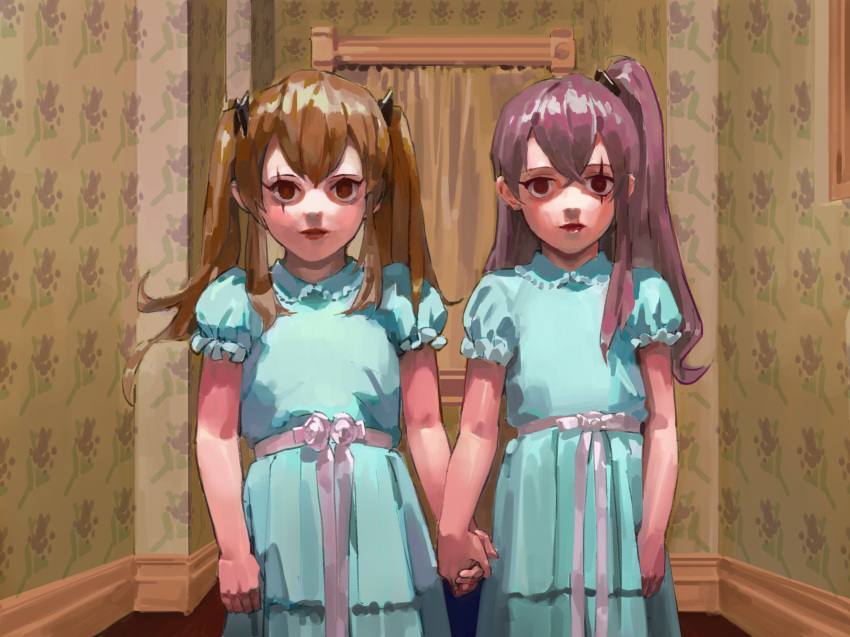 2girls blue_dress brown_hair commentary cosplay dress girls'_frontline grady_sisters_(the_shining) grady_sisters_(the_shining)_(cosplay) hairband highres holding_hands horror_(theme) multiple_girls nazgul_(5511474) one_side_up parody photoshop_(medium) purple_hair red_eyes scar scar_across_eye scar_on_face the_shining twintails ump45_(girls'_frontline) ump9_(girls'_frontline)