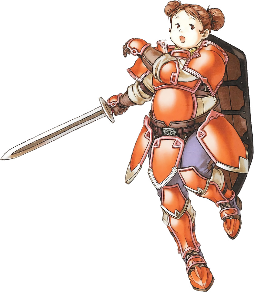 armor brown_eyes brown_hair fat female fire_emblem fire_emblem:_akatsuki_no_megami looking_at_viewer matching_hair/eyes meg_(fire_emblem) official_art open_mouth shield sword twintails