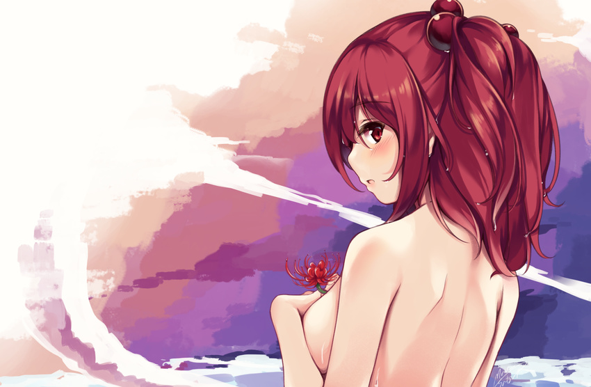 bad_id bad_pixiv_id bag between_breasts blush breasts female flower from_behind hair_bobbles hair_ornament highres looking_at_viewer maremay0513 medium_breasts nude onozuka_komachi open_mouth profile red_eyes red_flower red_hair shoulder_blades signature solo spider_lily touhou twintails upper_body wet wet_hair