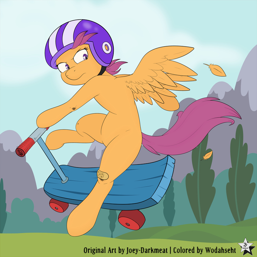 1:1 2015 absurd_res armor english_text equid equine feathered_wings feathers female feral friendship_is_magic fur hair hasbro headgear helmet hi_res joey-darkmeat mammal my_little_pony mythological_creature mythological_equine mythology orange_body orange_feathers orange_fur pegasus purple_eyes purple_hair scootaloo_(mlp) scooter solo text wings wodahseht