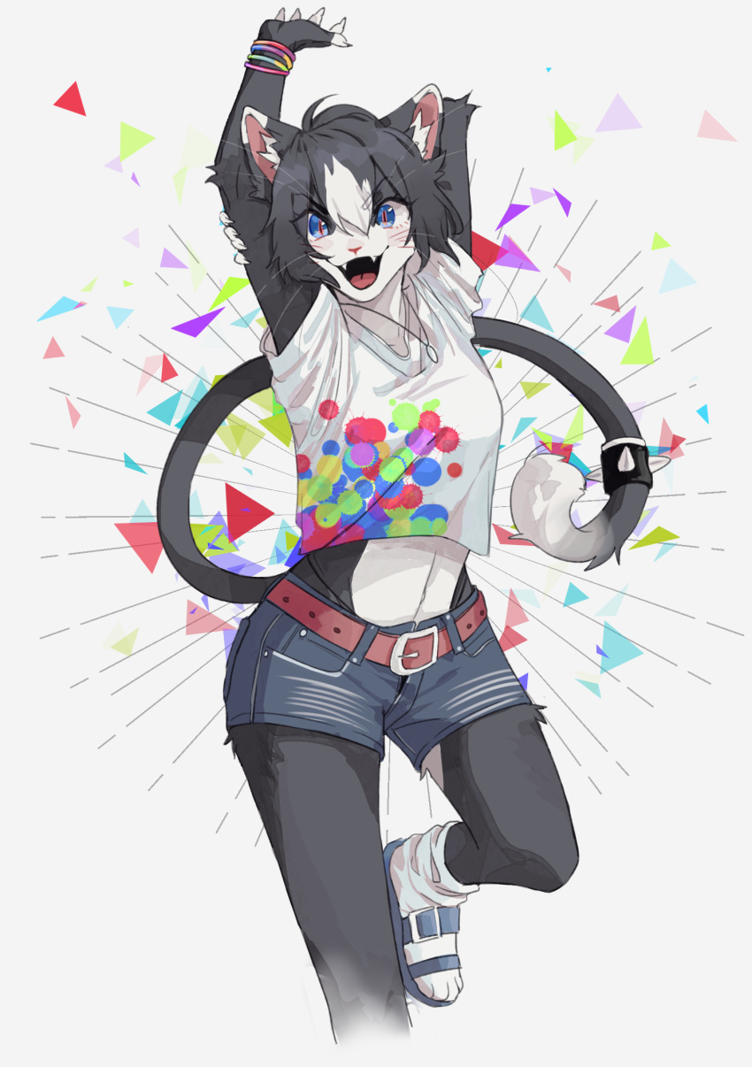 abstract_background action_pose anthro belly belt black_body black_fur black_hair blue_eyes bottomwear bracelet breasts clothed clothing digital_media_(artwork) domestic_cat fangs felid feline felis female footwear front_view fully_clothed fur hair hands_behind_head hi_res inner_ear_fluff jewelry legwear looking_at_viewer mammal midriff mika_(zuekrz) multicolored_hair navel necklace open_mouth pose sandals sharp_teeth shirt short_hair shorts smile socks socks_with_sandals solo t-shirt teeth topwear tuft whiskers white_belly white_body white_fur white_hair wristband zuekrz