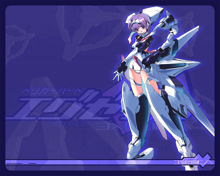 armor black_border blue_eyes border exelica female full_body machinery mecha_musume mechanical_wings one-piece_swimsuit photoshop_(medium) purple_background school_swimsuit simple_background solo standing swimsuit swimsuit_costume trigger_heart_exelica white_one-piece_swimsuit wings