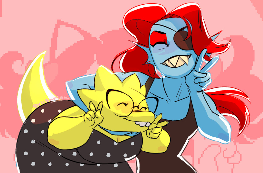 2016 5_fingers alphys anthro blue_body blue_skin blush closed_eyes clothing double_v_sign dress duo ear_fins eye_patch eyewear female fin fingers fish gesture glasses gullshriek hand_gesture lizard marine reptile scales scalie sharp_teeth simple_background smile teeth undertale undertale_(series) undyne v_sign yellow_body yellow_scales