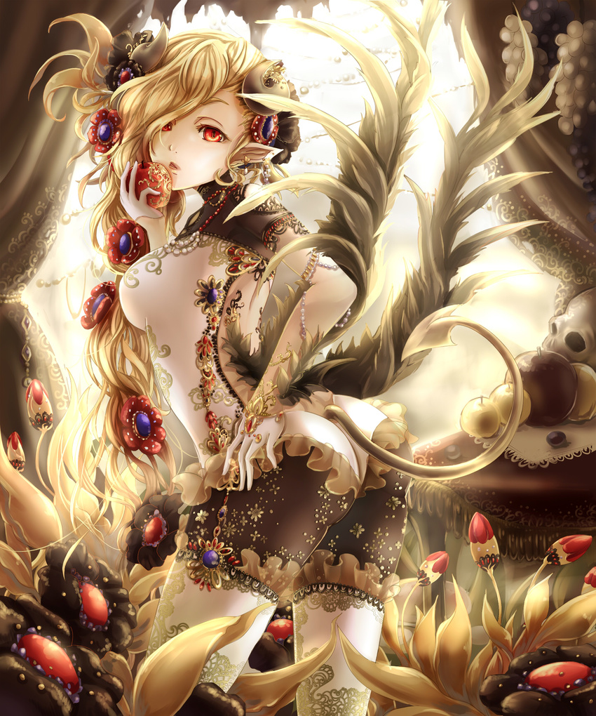 apple ass black_wings blonde_hair commentary_request demon_tail earrings female flower food fruit gin_ji gloves grapes hair_flower hair_ornament highres horns jewelry long_hair looking_at_viewer looking_back pointy_ears red_eyes shingoku_no_valhalla_gate solo tail white_gloves white_legwear wings