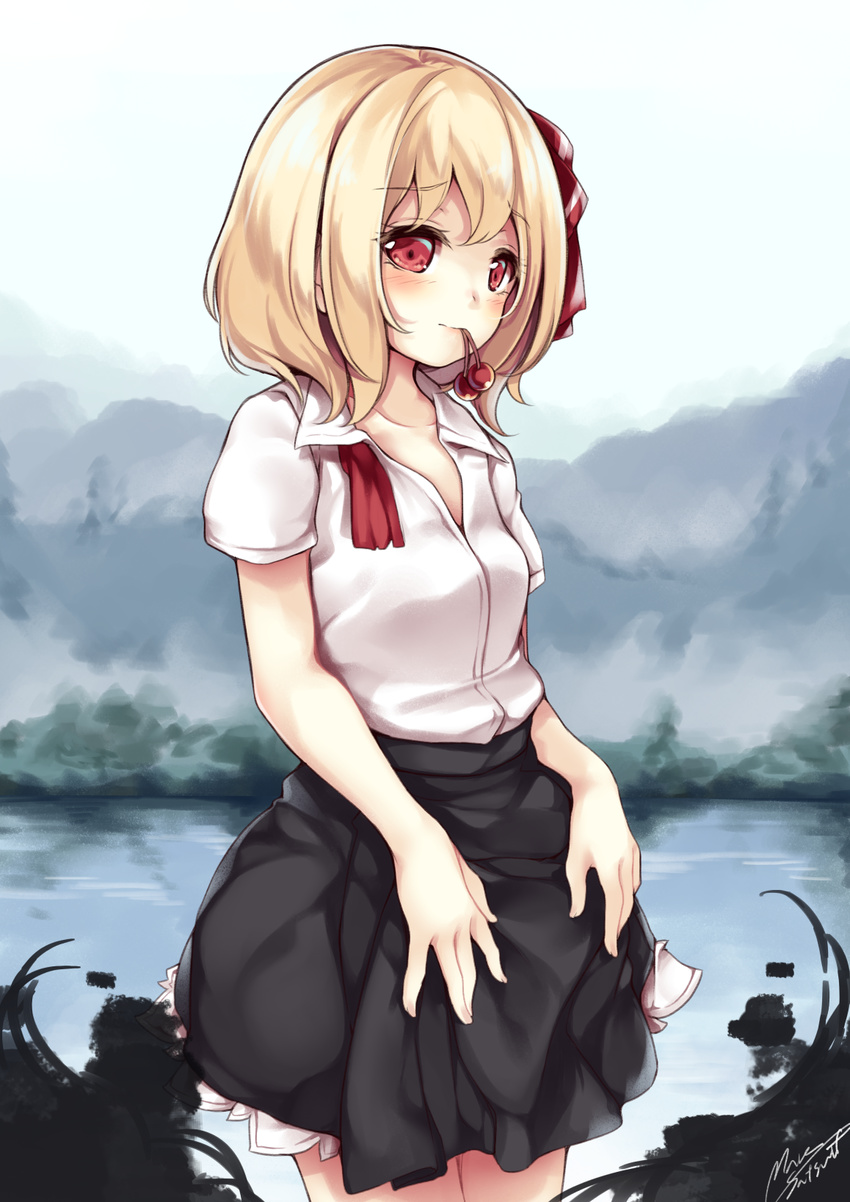 bad_id bad_pixiv_id black_skirt blonde_hair blush bow cherry closed_mouth collared_shirt cowboy_shot day female food fruit hairbow highres looking_at_viewer maremay0513 mouth_hold outdoors pleated_skirt red_bow red_eyes rumia shirt short_hair short_sleeves signature skirt solo touhou white_shirt