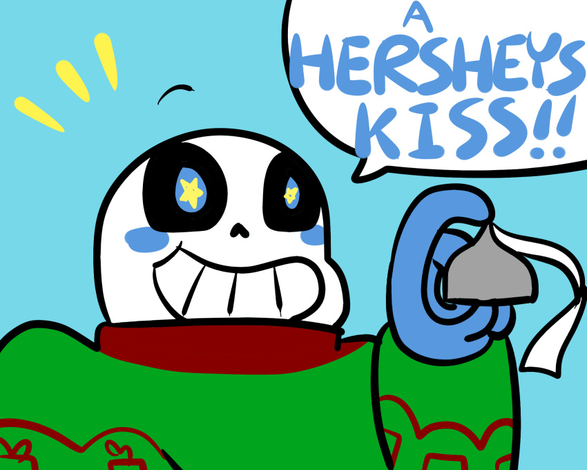 5:4 alternate_universe animated_skeleton blush bone clothed clothing dialogue english_text fan_character hershey's hershey's_kisses hi_res loverofpiggies not_furry sans_(underswap) skeleton solo text undead underswap undertale undertale_(series)