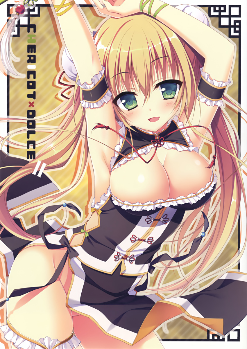 :d absurdres arm_strap armpits arms_up blonde_hair breasts cleavage cleavage_cutout clothing_cutout double_bun female floating_hair green_eyes green_ribbons groin hair_between_eyes hair_bun highres large_breasts long_hair matsumiya_kiseri mole no_pants open_mouth original ribbon smile solo thigh_strap twintails very_long_hair wrist_ribbon yellow_ribbon