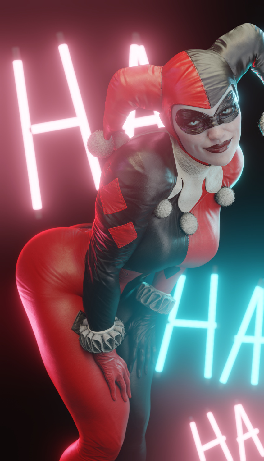 1girls 3d batman:_arkham_knight batman_(series) big_breasts blue_eyes breasts clothed dc dc_comics female female_only harley_quinn harley_quinn_(classic) harley_quinn_(injustice) injustice_2 lipstick loligagger pale-skinned_female pale_skin smile solo thick_thighs tights