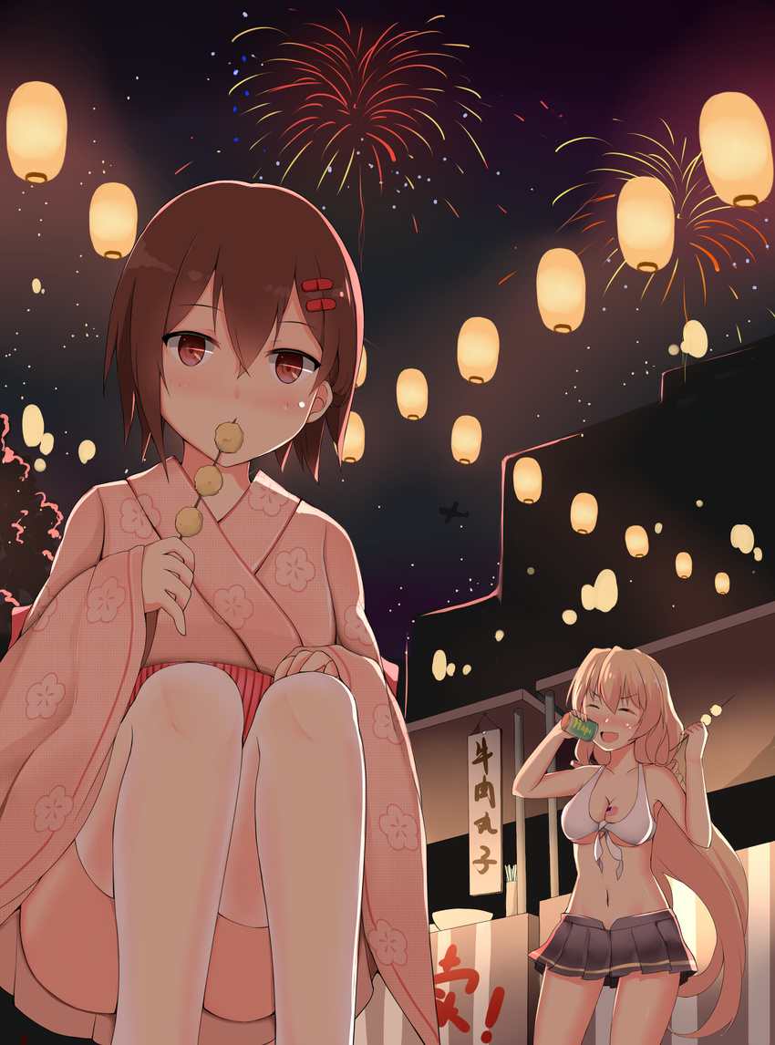 2girls :o ^_^ ^o^ absurdres aircraft airplane american_flag ayanami_(warship_girls_r) bad_id bad_pixiv_id bare_shoulders bikini bikini_top_only black_skirt blonde_hair blush breasts brown_eyes brown_hair building cleavage closed_eyes cup drunk ero_mang-a eyebrows festival fireworks floral_print food front-tie_bikini_top front-tie_top hair_ornament hairclip highres holding holding_cup holding_food lantern long_hair long_sleeves looking_at_viewer market_stall medium_breasts multiple_girls navel night night_sky nose_blush original outdoors paper_lantern parted_lips pleated_skirt shoes sign silhouette skirt sky squatting standing star_(sky) stomach summer_festival swimsuit thighhighs underboob very_long_hair warship_girls_r white_bikini white_legwear wichita_(warship_girls_r) wide_sleeves