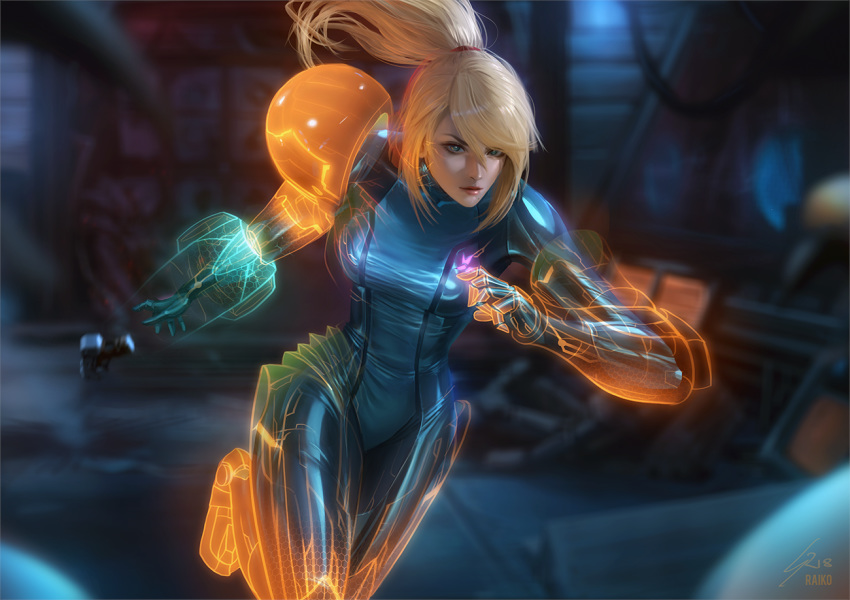 arm_cannon bad_id bad_tumblr_id blonde_hair blue_eyes blurry bodysuit breasts depth_of_field female glowing gun handgun looking_ahead metroid mole mole_under_mouth paralyzer ponytail raikoart realistic revision running samus_aran serious solo transforming_clothes upper_body varia_suit weapon zero_suit