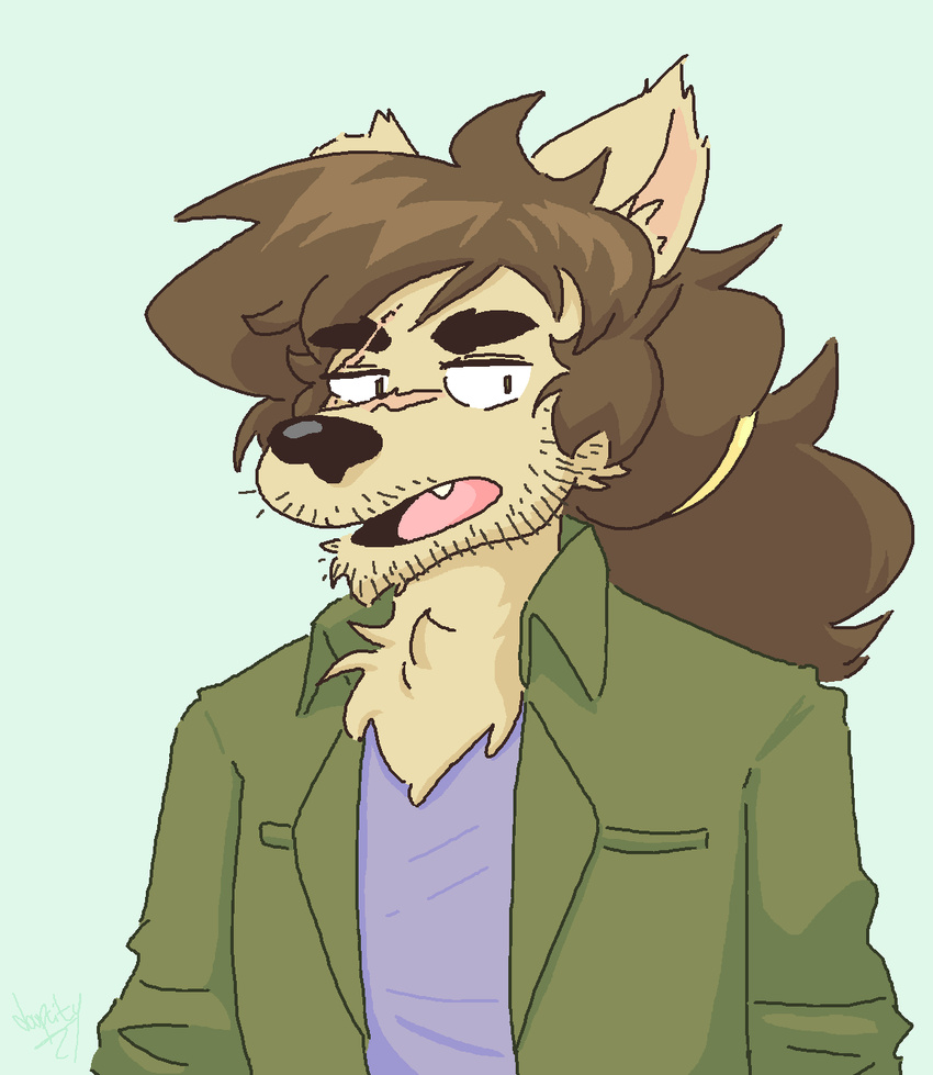 anthro avoid_posting beard blue_background blue_clothing blue_shirt blue_topwear brown_hair clothing doopcity facial_hair green_clothing green_jacket green_topwear hair hi_res jacket male moustache shirt simple_background solo stubble teeth tongue topwear