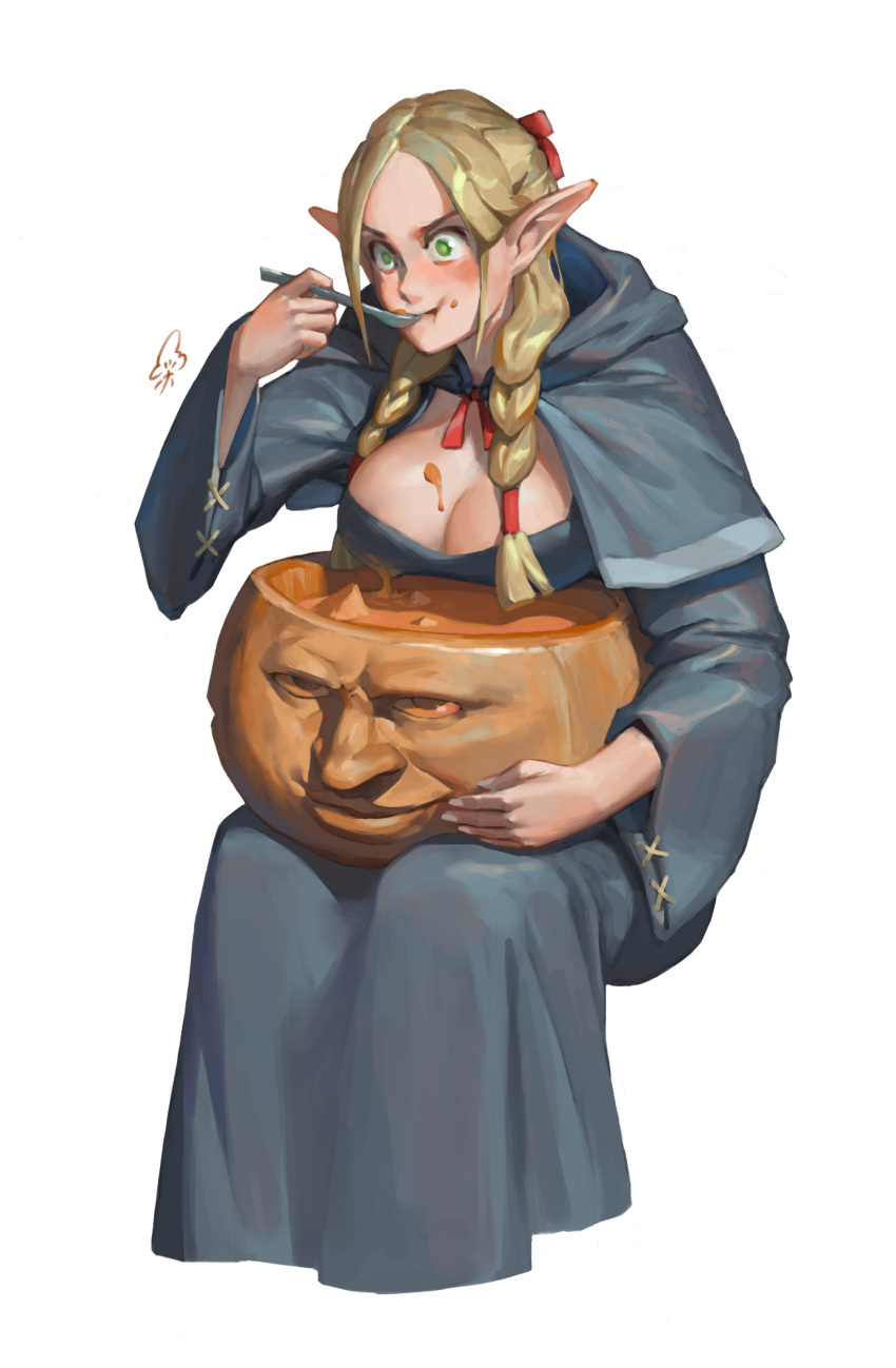 absurdres bad_id bad_pixiv_id blonde_hair braid breasts capelet chen_zhang cleavage commentary commentary_request dungeon_meshi eating elf female food_on_body food_on_breasts fruit_cup green_eyes hair_ribbon highres hood hooded_capelet jack-o'-lantern large_breasts marcille_donato photoshop_(medium) pointy_ears pumpkin red_ribbon ribbon robe signature simple_background sitting solo spoon treant twin_braids white_background