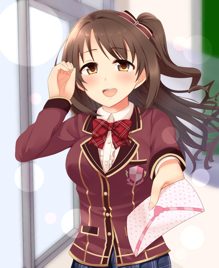 adjusting_hair blazer blue_skirt blush bow bowtie brown_eyes brown_hair brown_jacket commentary_request female hair_ribbon highres idolmaster idolmaster_cinderella_girls incoming_letter indoors jacket lens_flare letter long_hair looking_at_viewer love_letter love_letter_(idolmaster) one_side_up open_mouth outstretched_arm pink_check_school_(idolmaster) plaid plaid_bow plaid_bowtie plaid_skirt pleated_skirt red_bow red_bowtie ribbon shimamura_uzuki skirt smile solo suzutarou_gunsou swept_bangs window