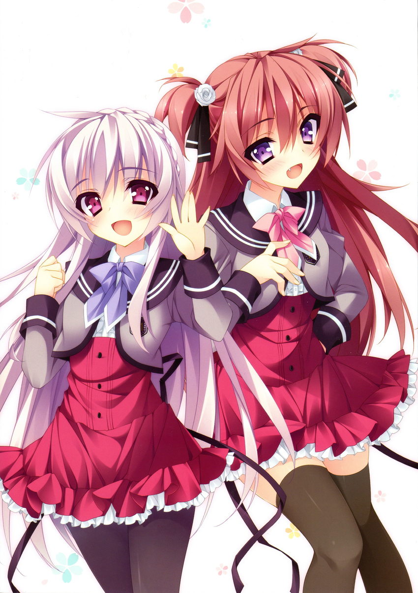 2girls :d absurdres anapom black_legwear blazer braid brown_hair highres jacket kitazono_saya light_purple_hair long_sleeves multiple_girls oerba_yun_fang ootori_maria open_mouth pantyhose pink_hair purple_eyes school_uniform shukufuku_no_kane_no_oto_wa_sakura-iro_no_kaze_to_tomo_ni smile thighhighs two_side_up zettai_ryouiki