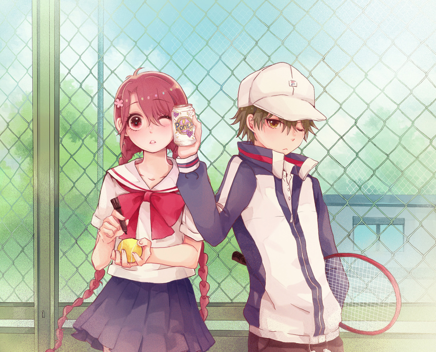 +1_(yakusoku0722) 1boy ;< ;o ball baseball_cap blouse blue_skirt bow bowtie braid brown_hair building can carrying carrying_under_arm chain-link_fence closed_mouth commentary_request cowboy_shot echizen_ryooma eyebrows female fence flower green_hair hair_between_eyes hair_flower hair_ornament hat holding holding_ball jacket juice long_hair long_sleeves marker miniskirt one_eye_closed outdoors parted_lips photoshop_(medium) pink_flower pleated_skirt racket red_bow red_bowtie red_eyes red_hair ryuuzaki_sakuno school_uniform seishun_academy_school_uniform serafuku shirt short_sleeves skirt smile straight surprised tennis_ball tennis_no_ouji-sama tennis_racket track_jacket tree twin_braids very_long_hair white_hat white_shirt yellow_eyes