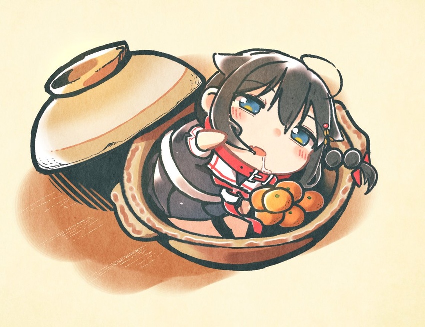 ahoge black_hair black_serafuku blue_eyes braid chibi collar commentary_request drooling female food fruit hair_flaps hair_ornament hair_over_shoulder in_container in_pot kantai_collection koppa_mijinko_(series2023) lid long_hair lying mandarin_orange pleated_skirt pot school_uniform serafuku shigure_(kancolle) shigure_kai_ni_(kancolle) single_braid skirt solo