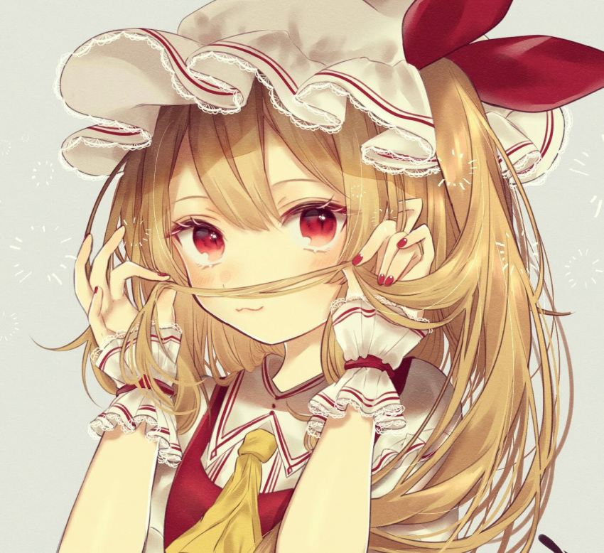 :3 ascot blonde_hair closed_mouth commentary_request fake_facial_hair fake_mustache female fingernails flandre_scarlet grey_background hair_mustache hands_up hat hat_ribbon highres holding holding_own_hair long_hair looking_at_viewer mob_cap nail_polish one_side_up playing_with_hair playing_with_own_hair pointy_ears puffy_short_sleeves puffy_sleeves red_eyes red_ribbon red_vest ribbon short_sleeves simple_background smile solo touhou upper_body vest white_hat wings wrist_cuffs yellow_ascot youtan