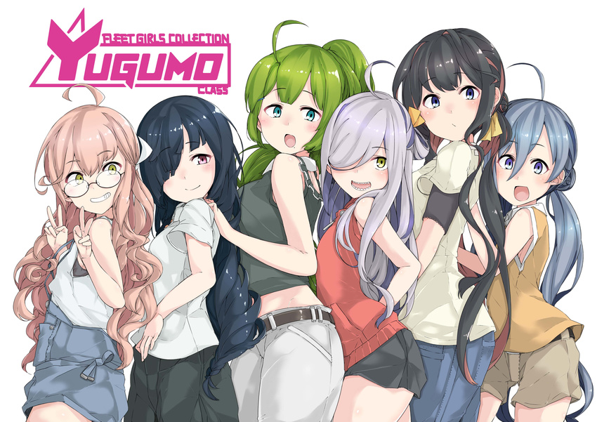 6+girls absurdres ahoge alternate_costume alternate_hairstyle asashimo_(kancolle) black_hair blue_eyes casual character_name commentary_request contemporary glasses green_hair grey_eyes grey_hair hair_bun hair_over_one_eye hayashimo_(kancolle) highres kantai_collection kirishina_(raindrop-050928) kiyoshimo_(kancolle) long_hair looking_at_viewer makigumo_(kancolle) mole mole_under_mouth multicolored_hair multiple_girls naganami_(kancolle) open_mouth photoshop_(medium) pink_hair ponytail red_eyes sharp_teeth shorts simple_background single_hair_bun teeth two-tone_hair wavy_hair white_background yellow_eyes yuugumo_(kancolle)