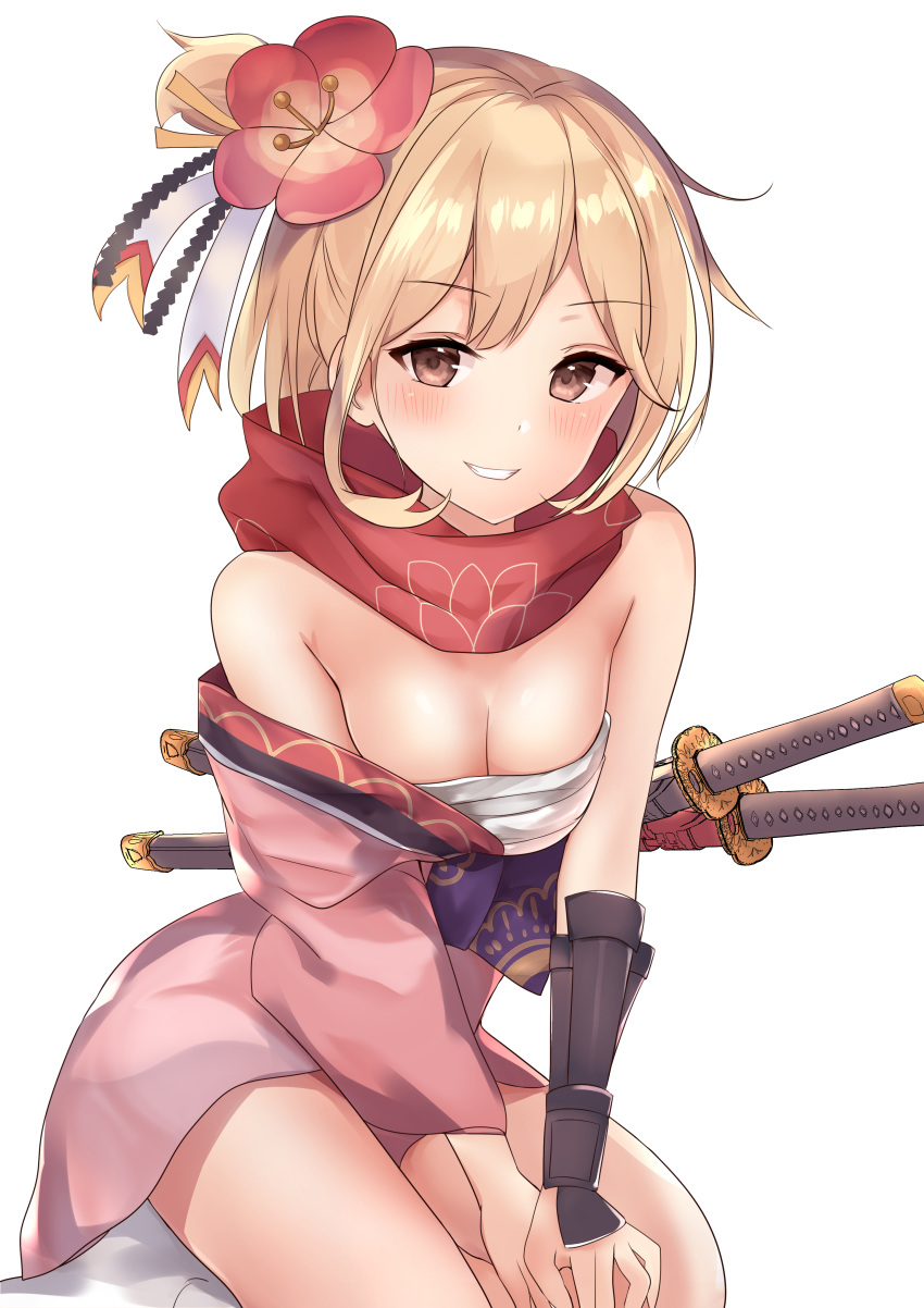 absurdres arm_guards bare_shoulders blonde_hair blush breasts brown_eyes cleavage commentary_request djeeta_(granblue_fantasy) female flower granblue_fantasy grin hadanugi_dousa hair_flower hair_ornament highres japanese_clothes katana kengo_(granblue_fantasy) kimono long_sleeves natsu_(sinker8c) off_shoulder open_clothes open_kimono parted_lips pink_kimono red_flower red_scarf sarashi scarf sheath sheathed simple_background sitting small_breasts smile socks solo sword weapon white_background white_socks wide_sleeves