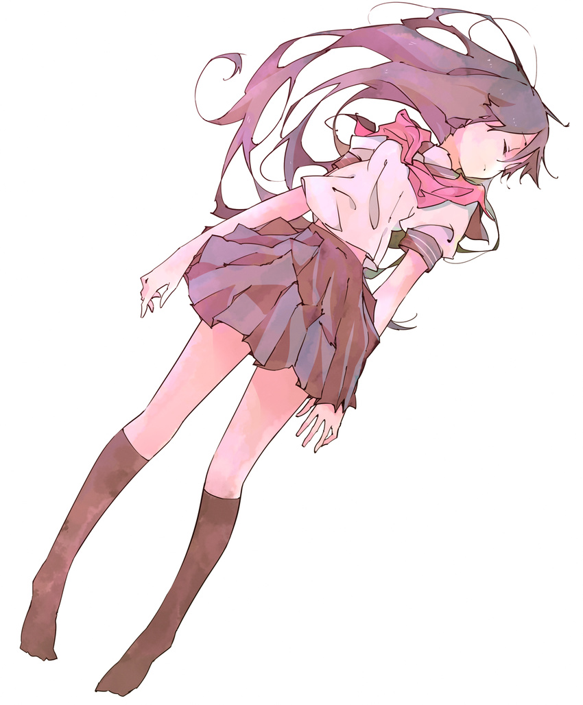 black_hair black_socks closed_eyes commentary_request duplicate female floating full_body highres kneehighs long_hair messy_hair original pixel-perfect_duplicate school_uniform shimano simple_background skirt socks solo