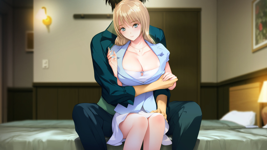 1boy bedroom blonde_hair blue_eyes female game_cg hug ichikawa_saasha indoors jounoin_kaho neyuki_no_gen'ei solo_focus straight