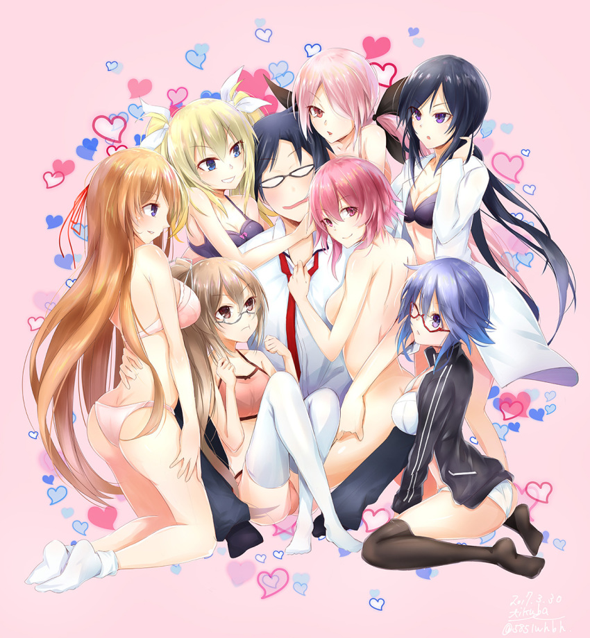 1boy 6+girls :t arimura_hinae ass black_bow black_bra black_hair black_jacket black_legwear black_pants blonde_hair blue_eyes blue_hair bow bow_bra bra breasts brown_hair chaos;child cleavage collarbone commentary_request dress_shirt floating_hair glasses grin hair_between_eyes hair_over_one_eye hair_ribbon hairbow hand_in_own_hair harem head_tilt high_ponytail highres jacket kazuki_hana kunosato_mio kurusu_nono lab_coat large_breasts long_hair looking_at_viewer medium_breasts minamisawa_senri miyashiro_takuru multiple_girls necktie nude onoe_serika open_clothes open_jacket open_mouth panties pants parted_bangs photoshop_(medium) pink_background pink_bra pink_hair pink_panties purple_bra purple_eyes red-framed_eyewear red_eyes red_necktie red_ribbon ribbon semi-rimless_eyewear shirt short_hair sideboob smile straight thighhighs twintails under-rim_eyewear underwear underwear_only very_long_hair white_bow white_bra white_legwear white_panties white_ribbon white_shirt yakku yamazoe_uki