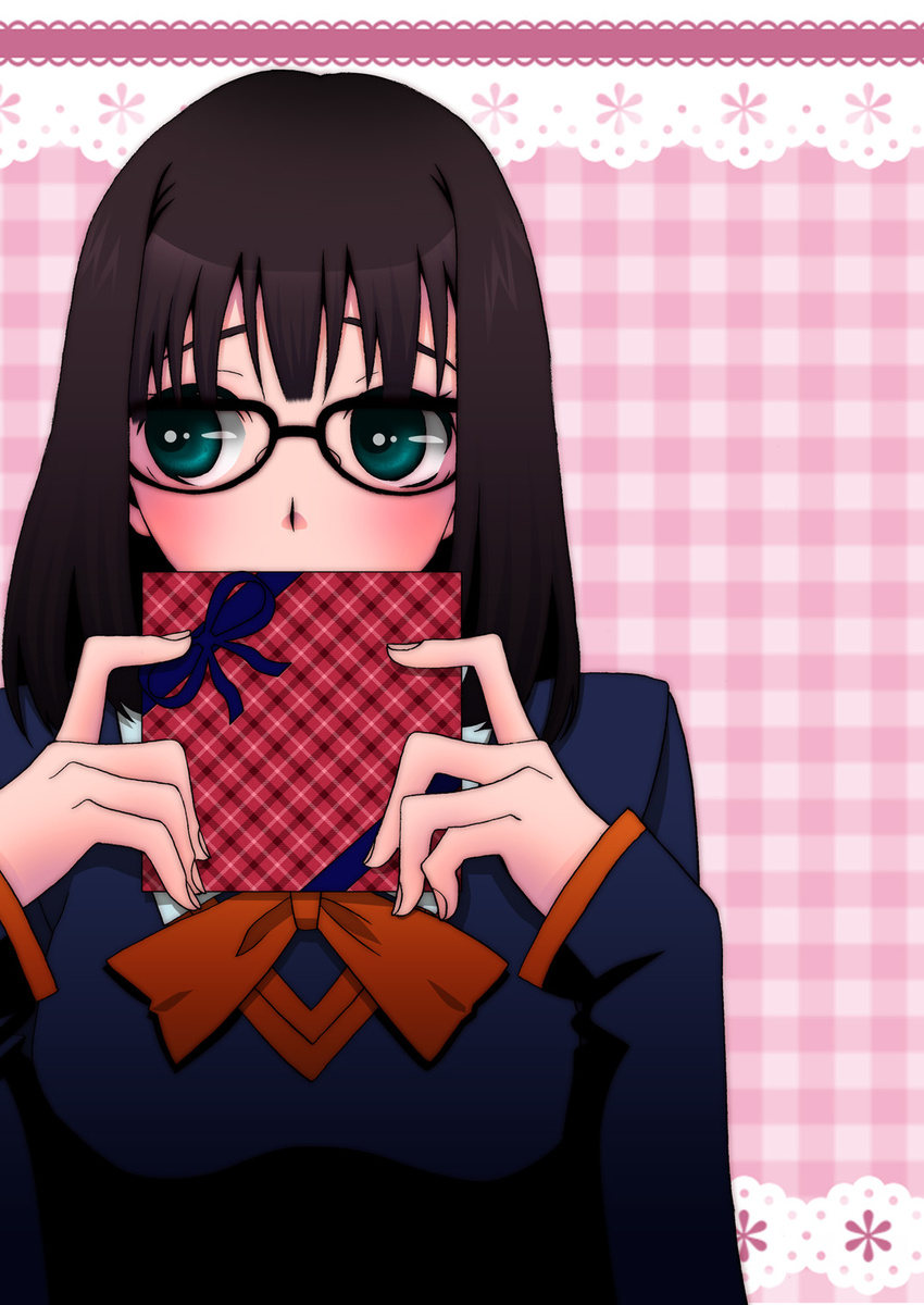 aqua_eyes black_hair blush breasts fate/prototype fate_(series) female gift glasses plaid_background present ribbon sajou_ayaka school_uniform short_hair solo