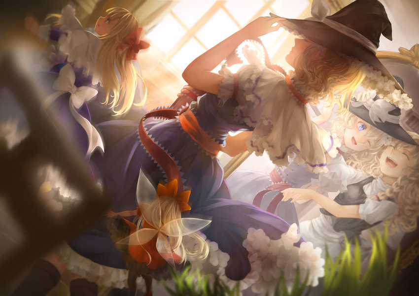 alice_margatroid blonde_hair blue_eyes boots bow braids doll dress hat hourai_doll jyuui kirisame_marisa long_hair pantyhose shanghai_doll short_hair touhou wings witch