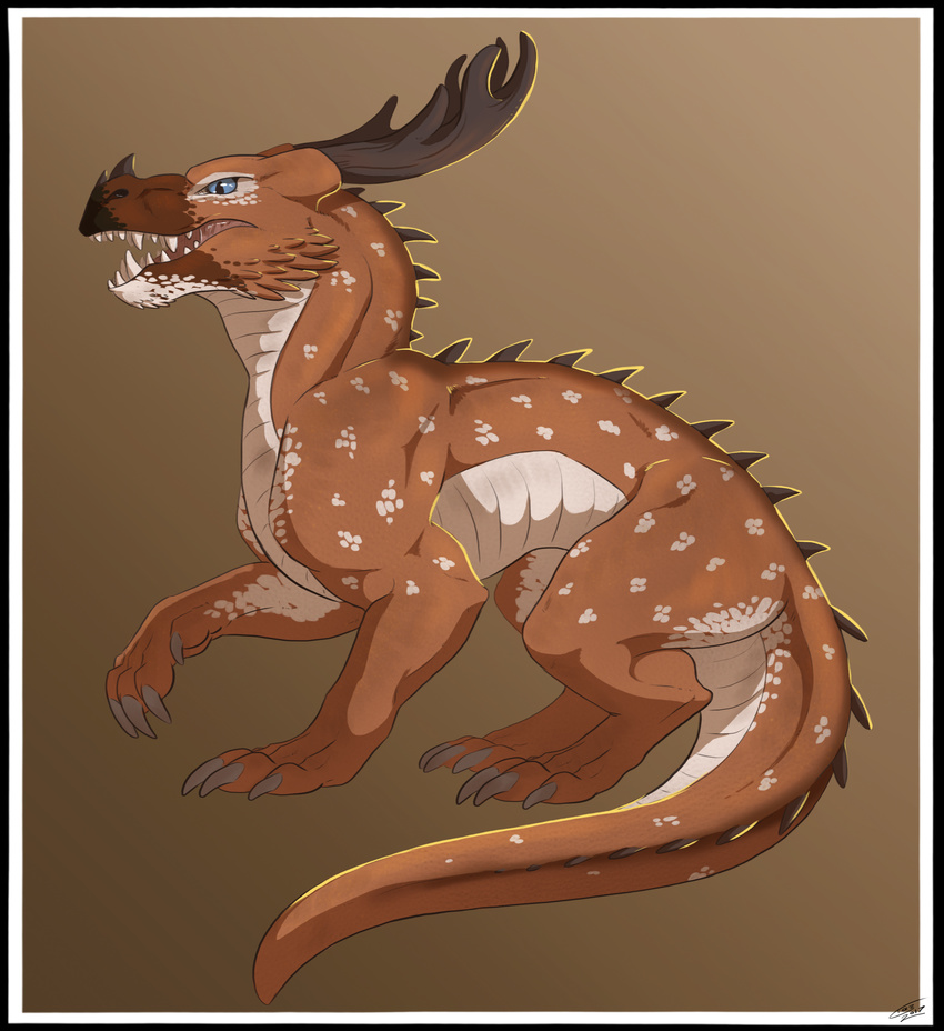 absurd_res antlers black_border blue_eyes border deer-spangle dragon feral hi_res horn lady-darkstreak mythological_creature mythological_scalie mythology scales scalie simple_background solo spots tail teeth