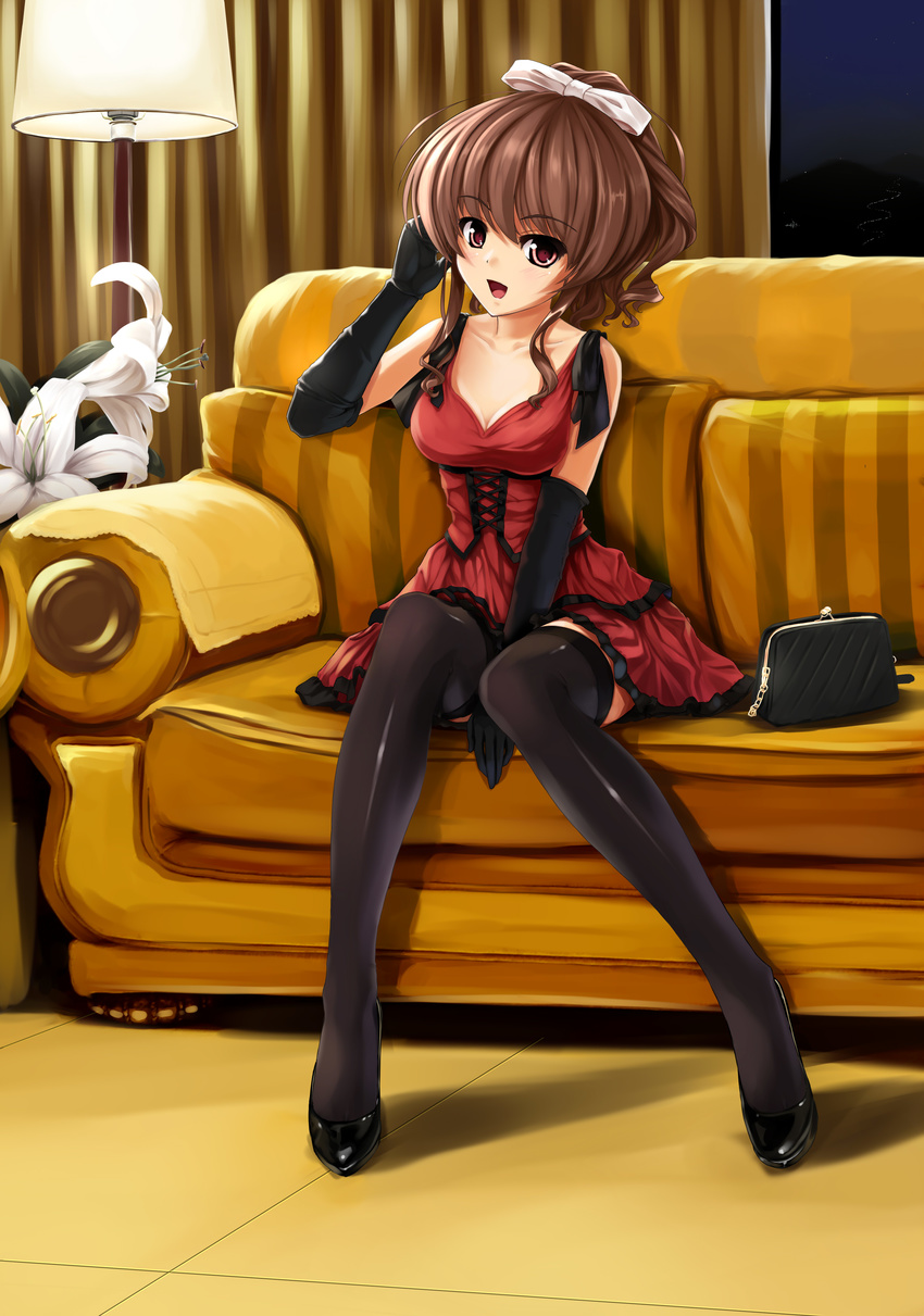 absurdres bag between_legs black_thighhighs blush bow breasts brown_hair cleavage commentary_request couch dress elbow_gloves female flower gloves hairbow hanamiya_nagisa hand_between_legs handbag highres lamp lily_(flower) long_hair medium_breasts sitting smile solo thighhighs ushinawareta_mirai_wo_motomete yumemi_(kiowa) zettai_ryouiki