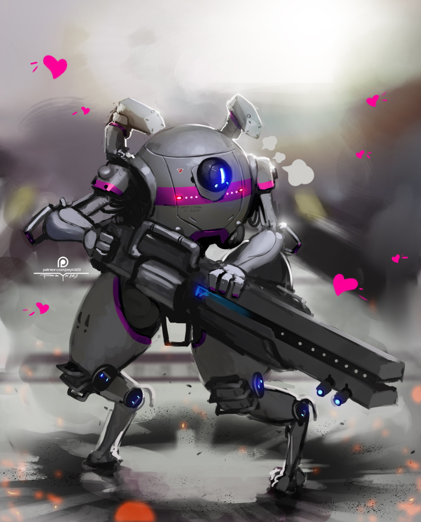 1_eye 4_fingers absurd_res big_gun blue_eyes blush colored_nails doll_joints electronic_arts english_text fingers front_view full-length_portrait glowing glowing_eyes grey_body grey_skin gun heart_symbol hi_res holding_object light_body light_skin machine nails northstar_(titanfall) not_furry pale_skin pink_nails portrait psyk323 ranged_weapon respawn_entertainment robot solo text thick_thighs titanfall weapon