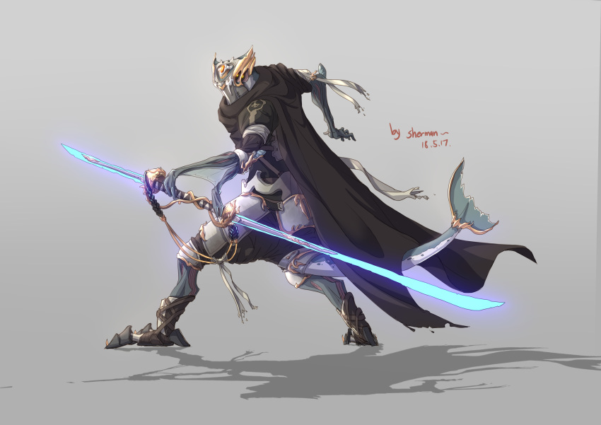 1other absurdres alien armor cape chinese_commentary chipped_sword commentary_request extra_arms extra_eyes fins fish_tail glowing glowing_weapon highres holding holding_weapon original sherman_(egnk2525) simple_background solo tail weapon